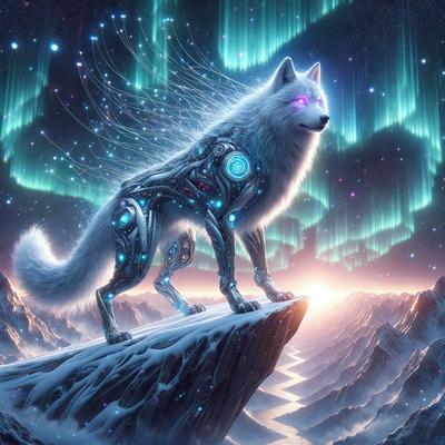 Primary subject: A wolf with a blue light on its back.
Setting/background: A snowy mountain with a purple sky.
Visual style: Digital art.
Colors and mood: The wolf has a blue light on its back, and the purple sky creates a mystical and magical atmosphere.